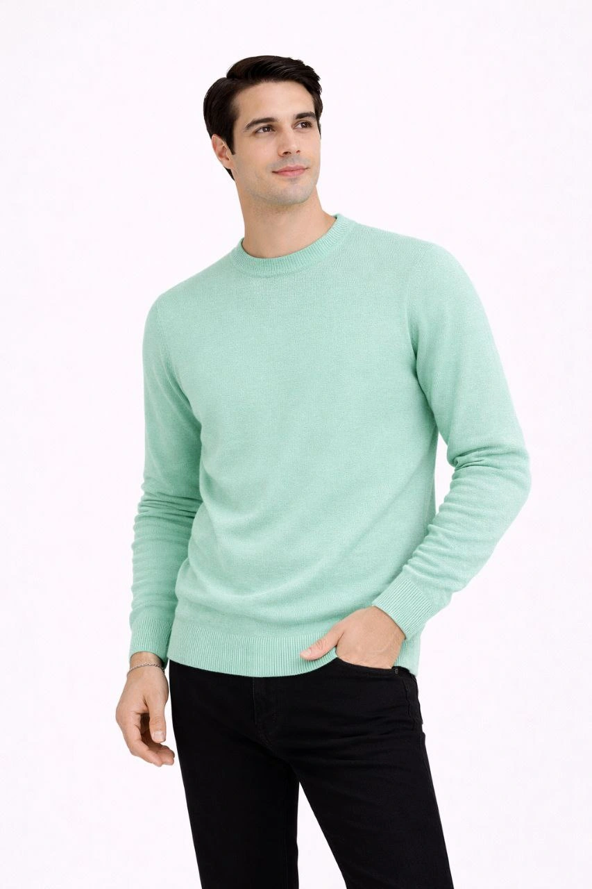 Erkek Bisiklet Yaka Triko Kazak yumuşak dokulu Pamuklu ince Dokuma, uzun kollu Rahat Regular kalıp - Mint Yeşili