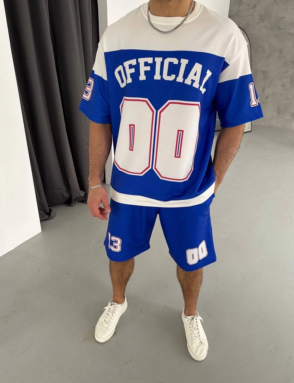 Erkek Şortlu Takım – Oversize İki İplik Kumaş, Ön & Arka Dijital Baskılı Tişört ve Lastikli Cepli Şort, Yazlık Günlük Spor Set - Mavi