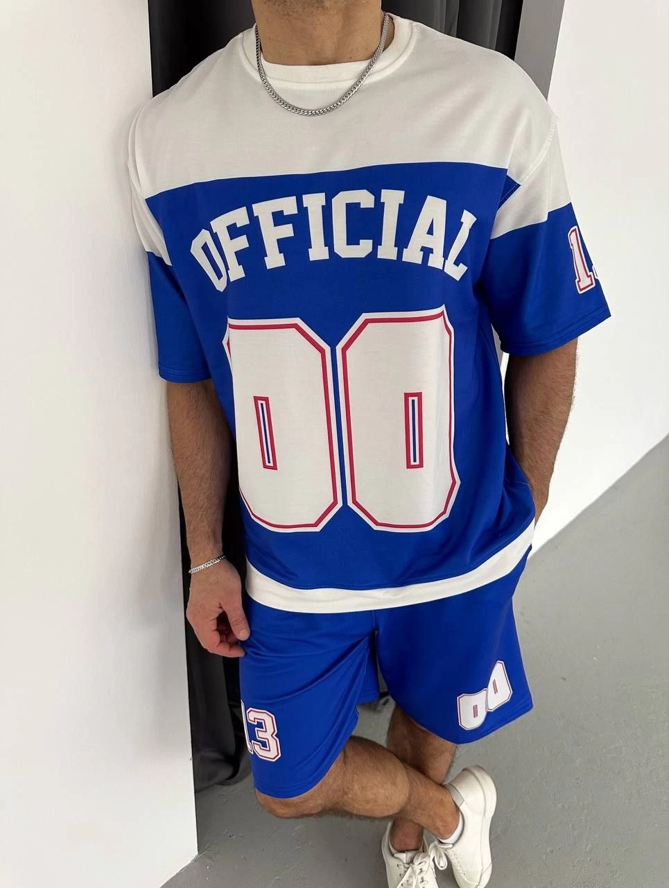 Erkek Şortlu Takım – Oversize İki İplik Kumaş, Ön & Arka Dijital Baskılı Tişört ve Lastikli Cepli Şort, Yazlık Günlük Spor Set - Mavi