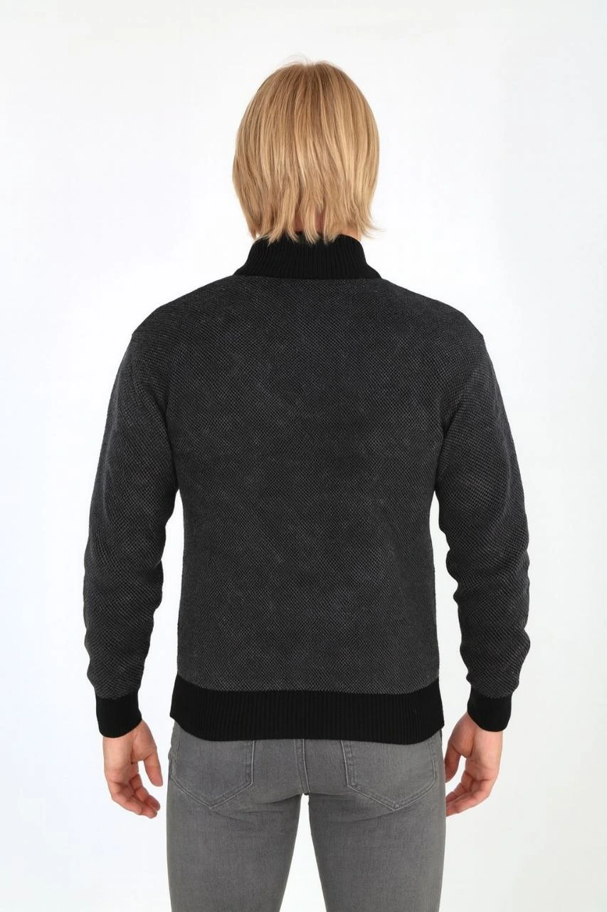 Erkek Fermuarlı Triko Hırka Yüksek Yaka, Cepli, Günlük Şık Rahat Kalıp Triko - Siyah