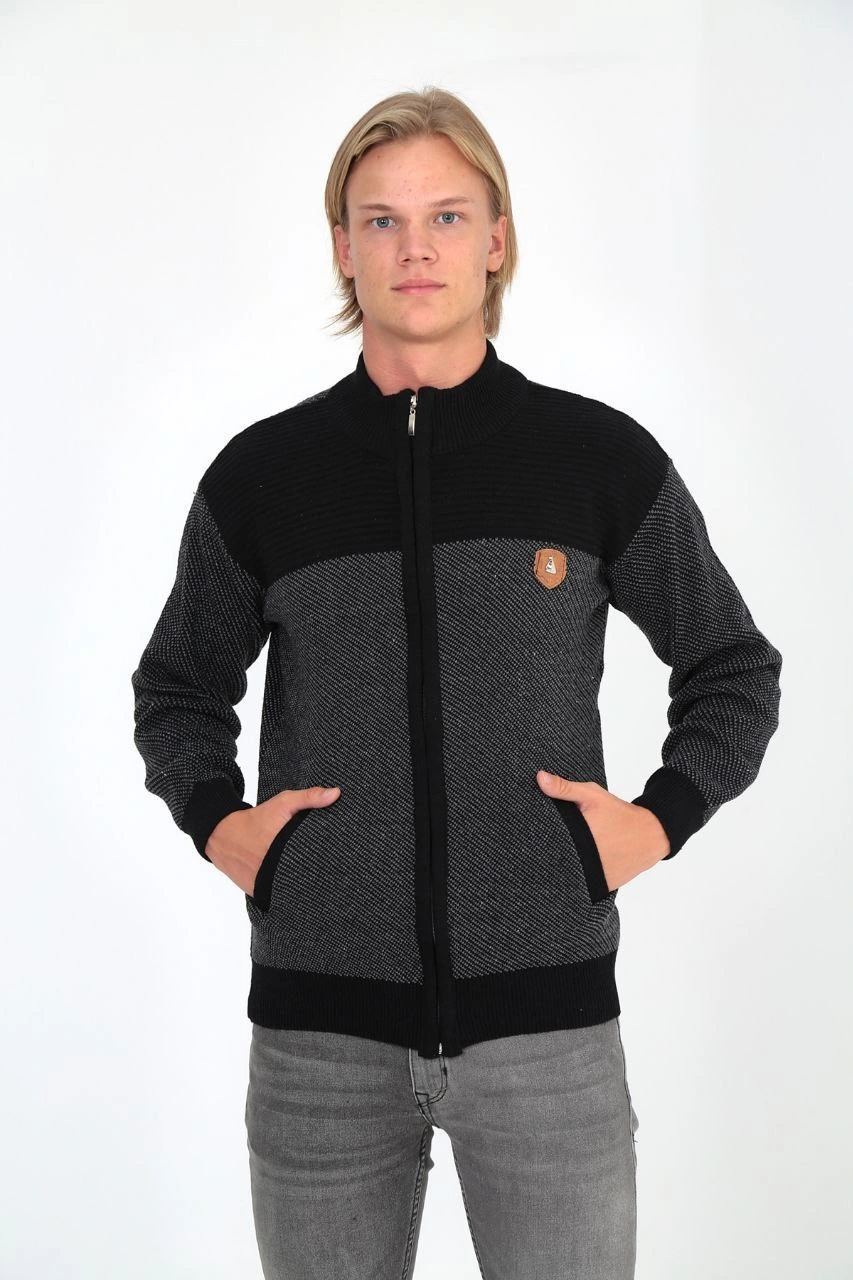 Erkek Fermuarlı Triko Hırka Yüksek Yaka, Cepli, Günlük Şık Rahat Kalıp Triko - Siyah