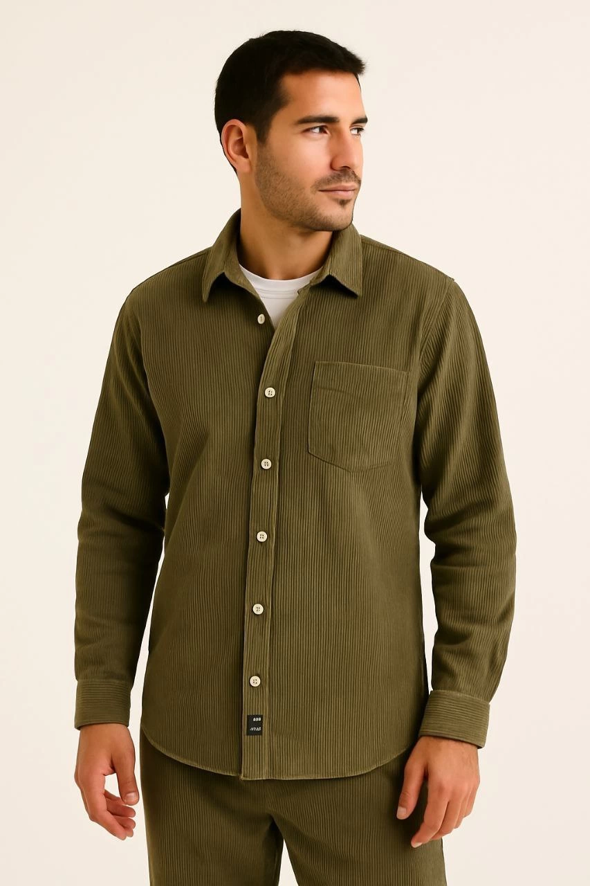 Erkek Fitilli Kadife Cepli Gömlek Oversize Rahat Kalıp - Haki