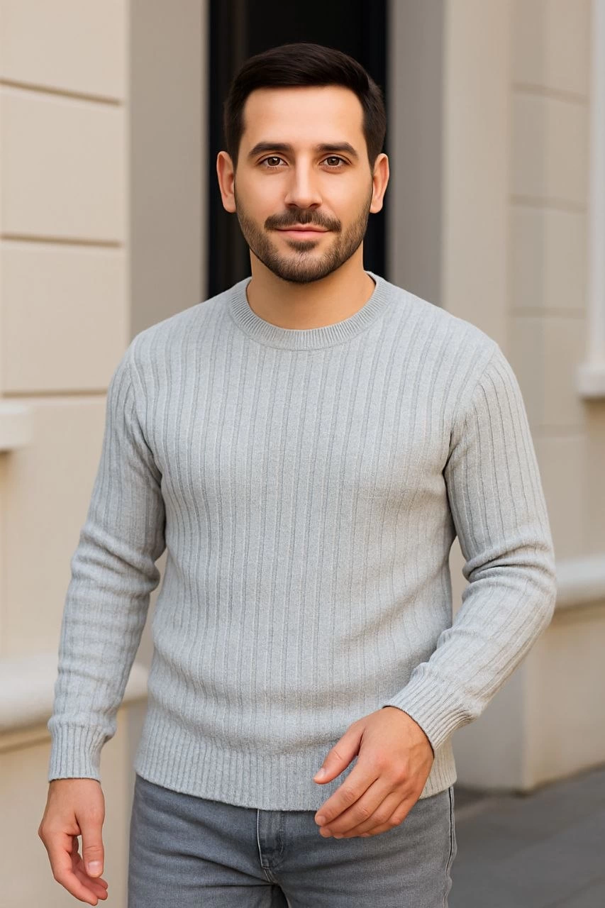 Erkek Fitilli Triko Kazak 3'lü Set Gri Haki Siyah Regular Fit Bisiklet Yaka Triko Seti Modeli Kazak