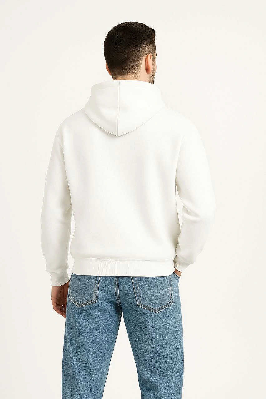 Erkek Kapüşonlu 3 İplik Şardonlu Önü Baskılı Fermuarlı Oversize Sweatshirt - Beyaz