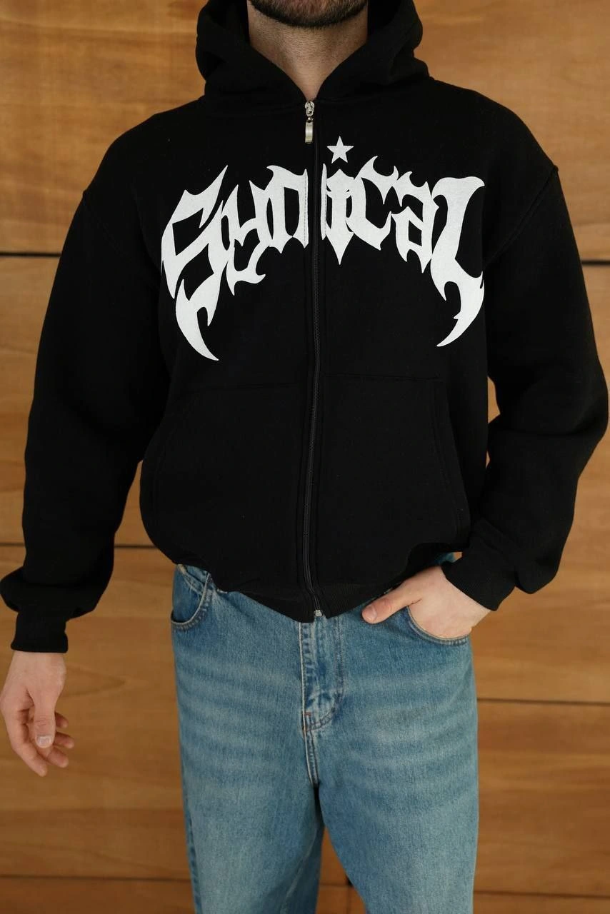 Erkek Kapüşonlu 3 İplik Şardonlu Önü Baskılı Fermuarlı Oversize Sweatshirt - Siyah