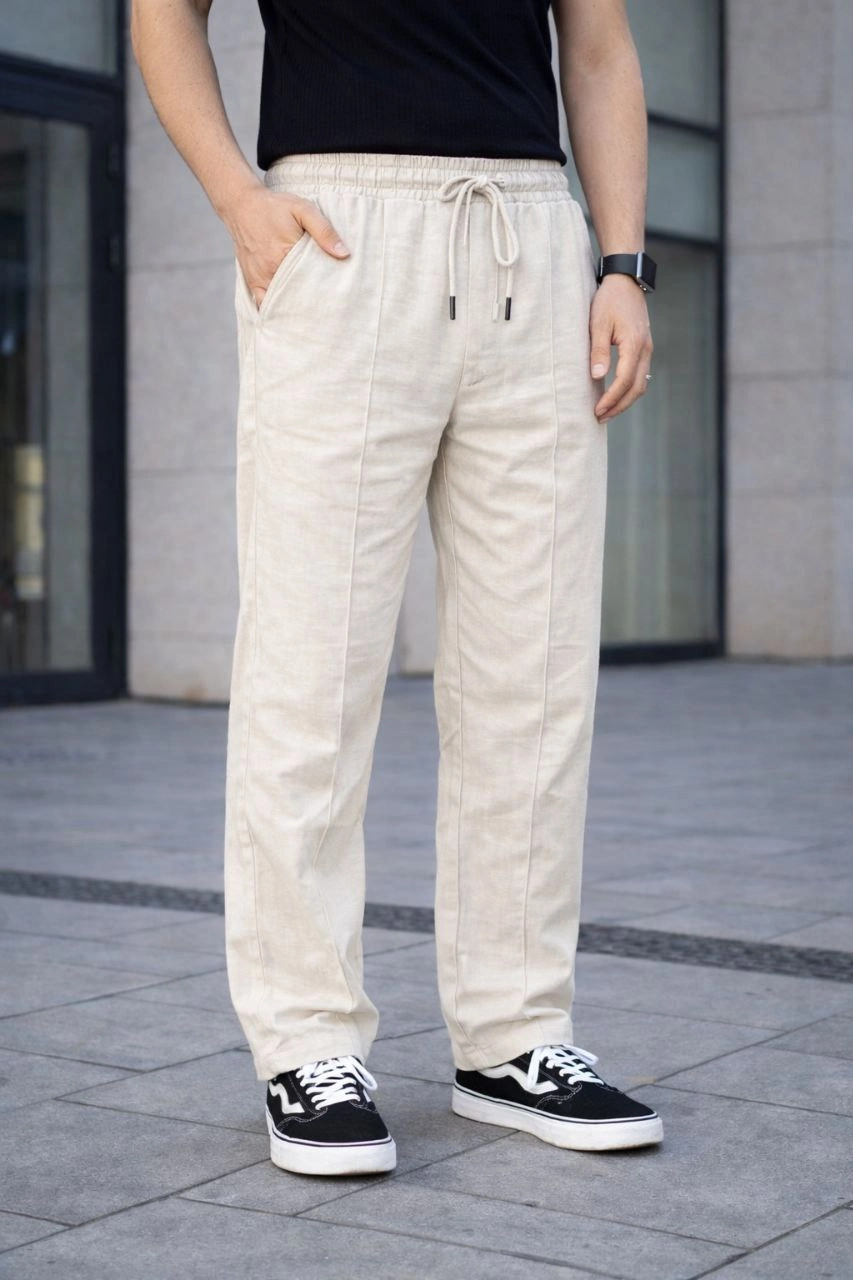 Erkek Keten Cepli Çıma Dikişli jogger Buggy Pantalon Rahat kalıp - Krem