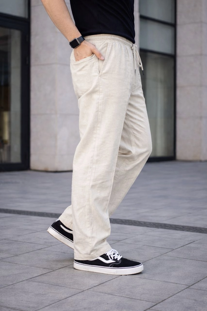Erkek Keten Cepli Çıma Dikişli jogger Buggy Pantalon Rahat kalıp - Krem