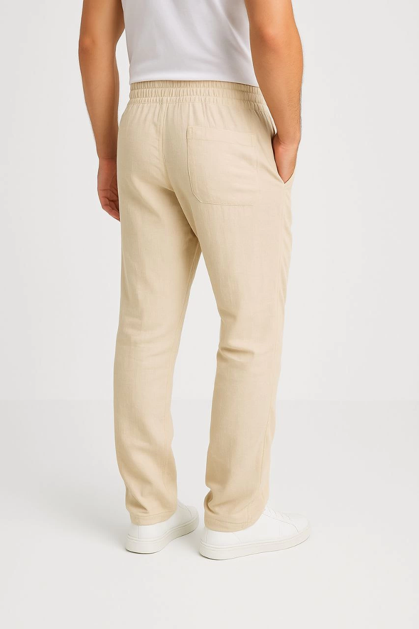 Erkek Keten Pantolon – Cepli, Beli Lastikli ve Bağcıklı, Nefes Alan Rahat Kalıp, Yazlık ve Baharlık Günlük Giyim, Şık & Konforlu Boru Paça Model - Bej
