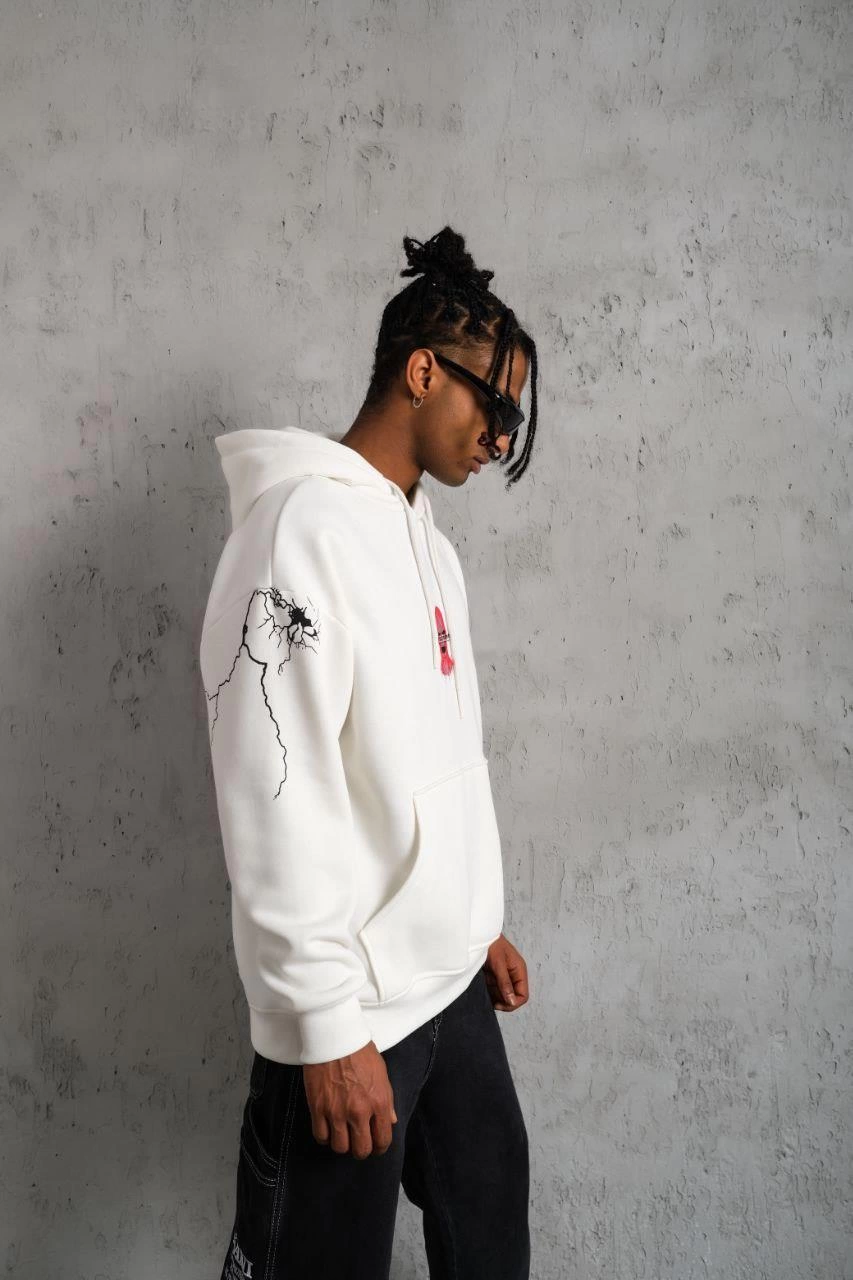 Erkek Oversize Üç İplik Kapüşonlu Sweatshirt – “Don’t Be Terrified” Ön, Sırt ve Kol Baskılı, Kanguru Cepli, Ribanalı Rahat Model - Beyaz