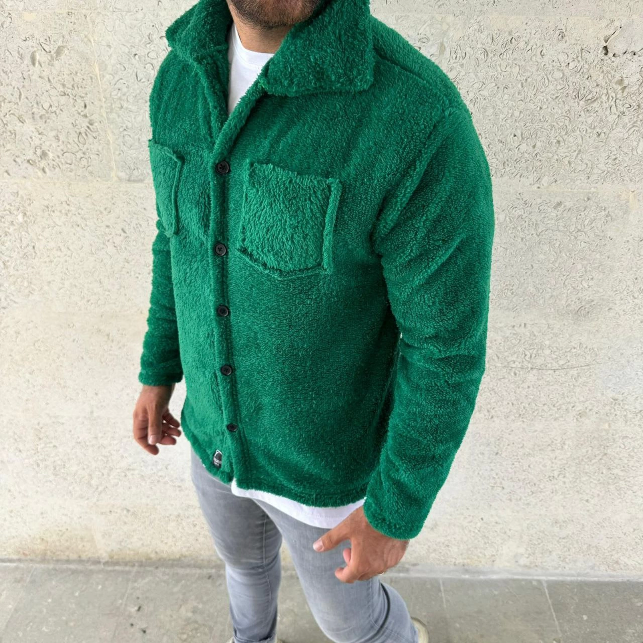 Erkek Pelüş Polar Hırka Gömlek – Yakalı, İlik Düğmeli, Göğüs Cepli, Yumuşak Dokulu Kışlık Regular Fit Rahat Günlük Model - Çimen Yeşili