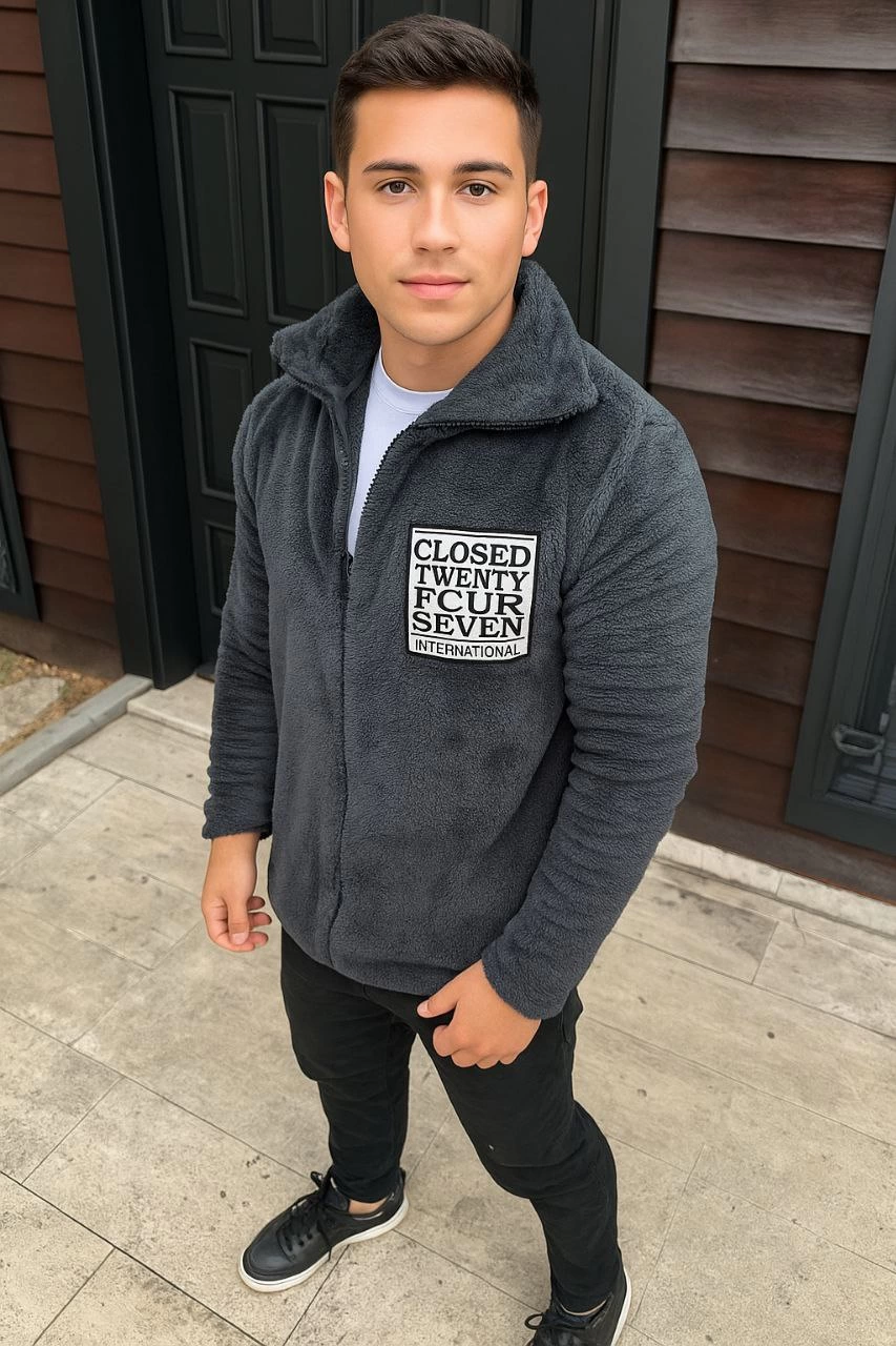 Erkek Polar Fermuarlı Sweatshirt – Kapüşonsuz, Cepli, Yumuşak Dokulu, Oversize Rahat Kalıp, Kışlık Sıcak Tutan Fermuarlı Üst - Füme