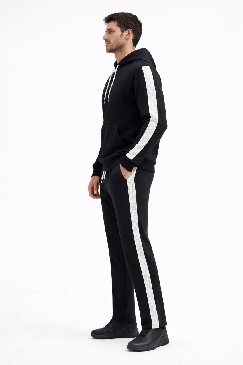 Erkek Şeritli Eşofman Takım Kapüşonlu Sweatshirt Boru Paça Alt, Oversize 3 iplik Pamuklu - Siyah