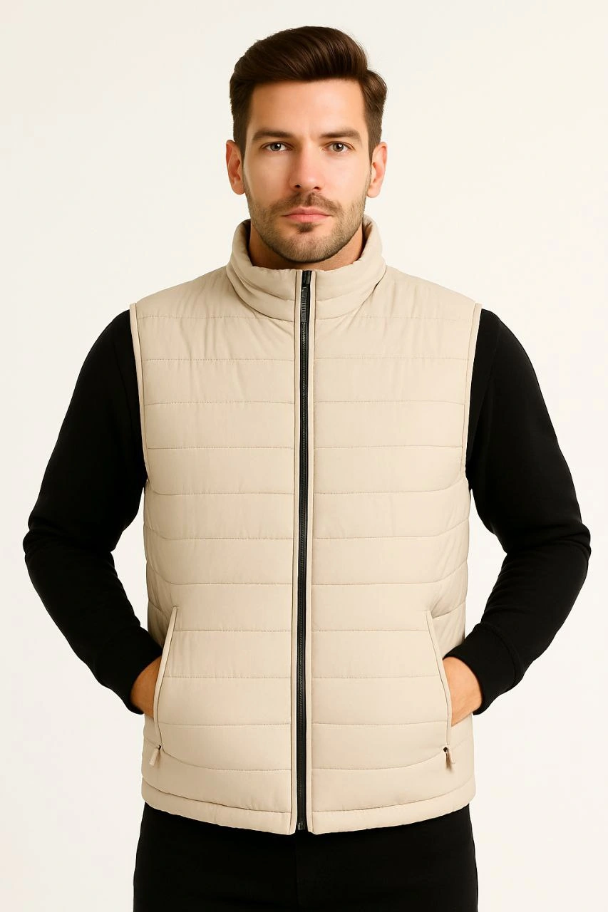Erkek Şişme Fermuarlı Yelek Su itici Kapitone Astarlı Kumaş Cepli Hafif Kışlık Spor Rahat Kalıp -Bej