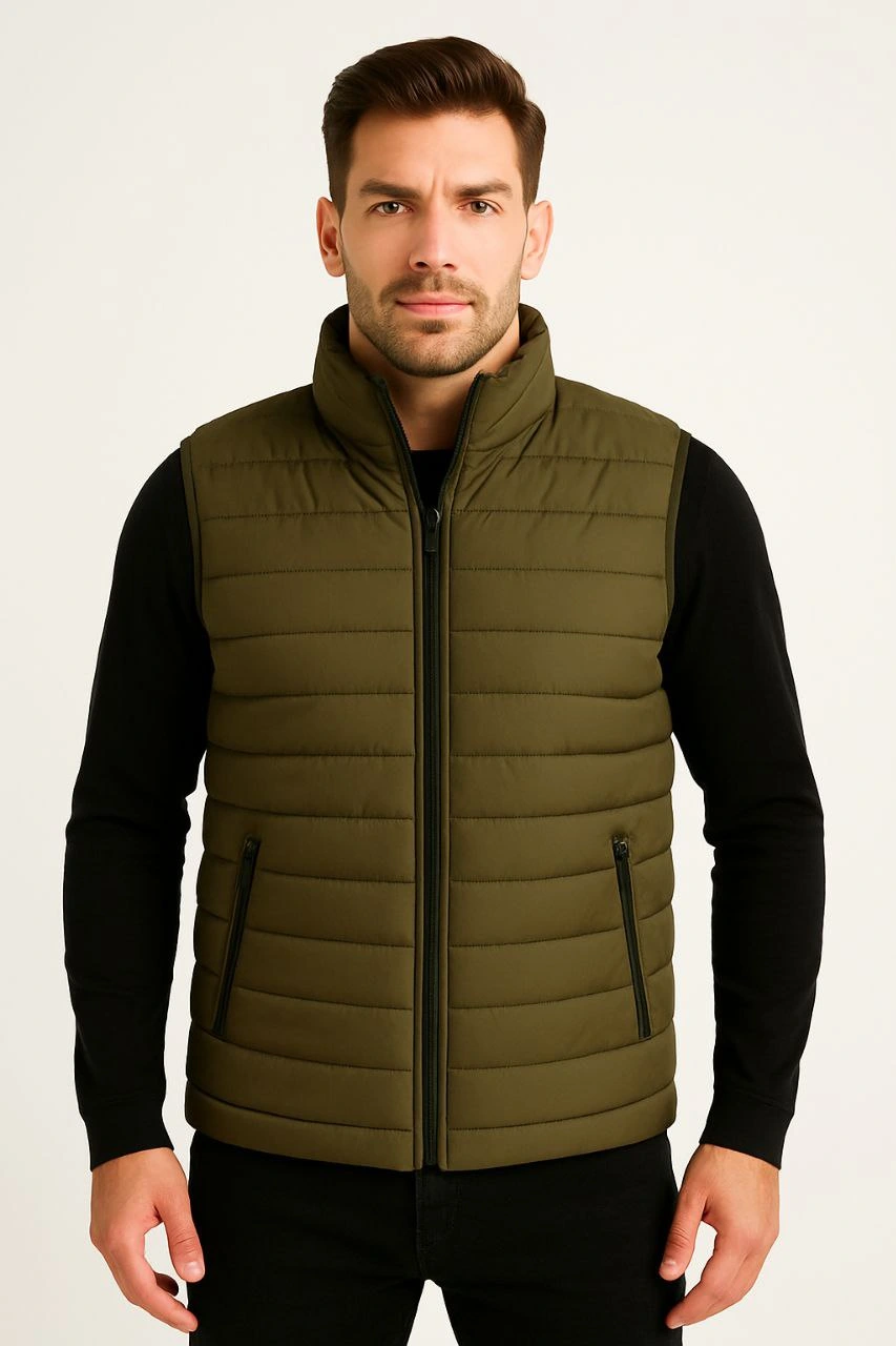 Erkek Şişme Fermuarlı Yelek Su itici Kapitone Astarlı Kumaş Cepli Hafif Kışlık Spor Rahat Kalıp - Haki