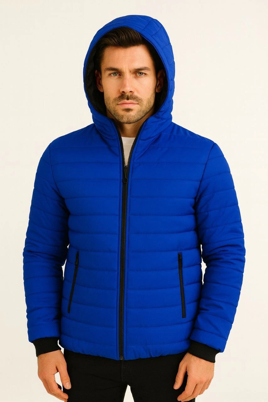 Erkek Şişme Kapüşonlu Fermuarlı Mont Su itici Kapitone Astarlı Kumaş Cepli Kışlık Rahat Kalıp - Saks Mavisi