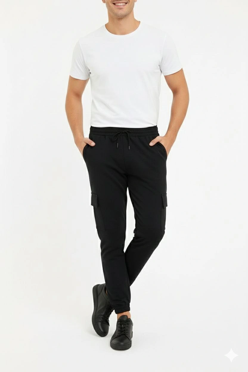 Erkek Siyah Jogger Eşofman Altı Rahat Kalıp, Kargo Cepli, Lastikli Paça, Günlük Spor Pantolon - Siyah