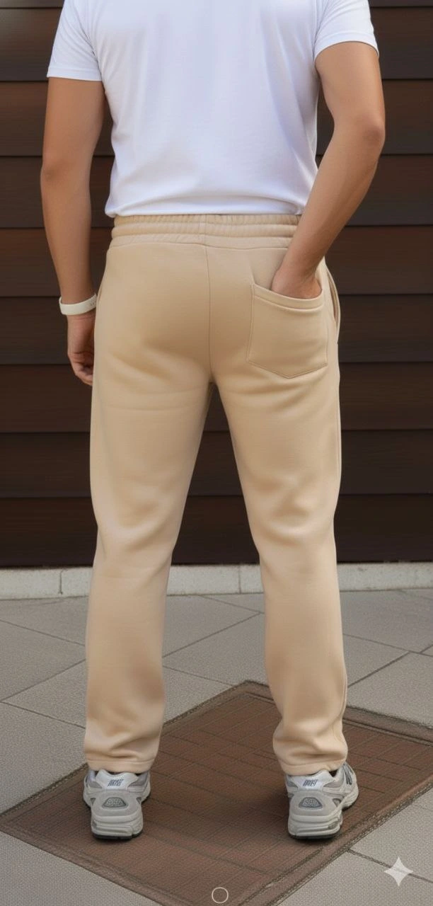 Erkek Üç iplik Kışlık Pamuklu Ovarsize Bağcıklı Düz Paça Cepli Eşofman Altı Spor Rahat Model - Bej