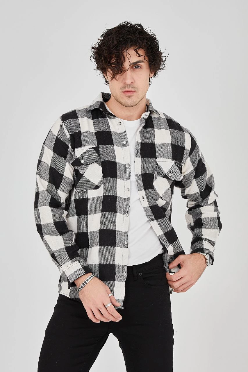 Erkek Oduncu Gömlek – Uzun Kollu, Şardonlu Kumaş, Kareli Desen, Regular Fit, Manşetli, Çift Cepli, Rahat Günlük Bahar & Kış Stil - Siyah