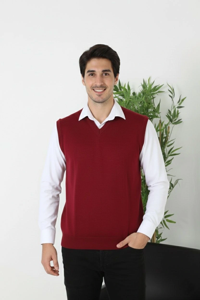 Erkek V Yaka Kolsuz Süveter Triko Kazak yumuşak dokulu Pamuklu ince Dokuma Rahat Regular kalıp - Bordo