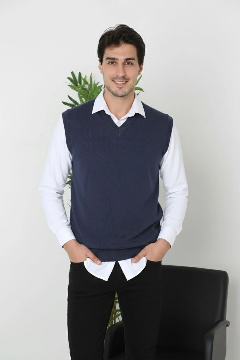 Erkek V Yaka Kolsuz Süveter Triko Kazak yumuşak dokulu Pamuklu ince Dokuma Rahat Regular kalıp - Lacivert