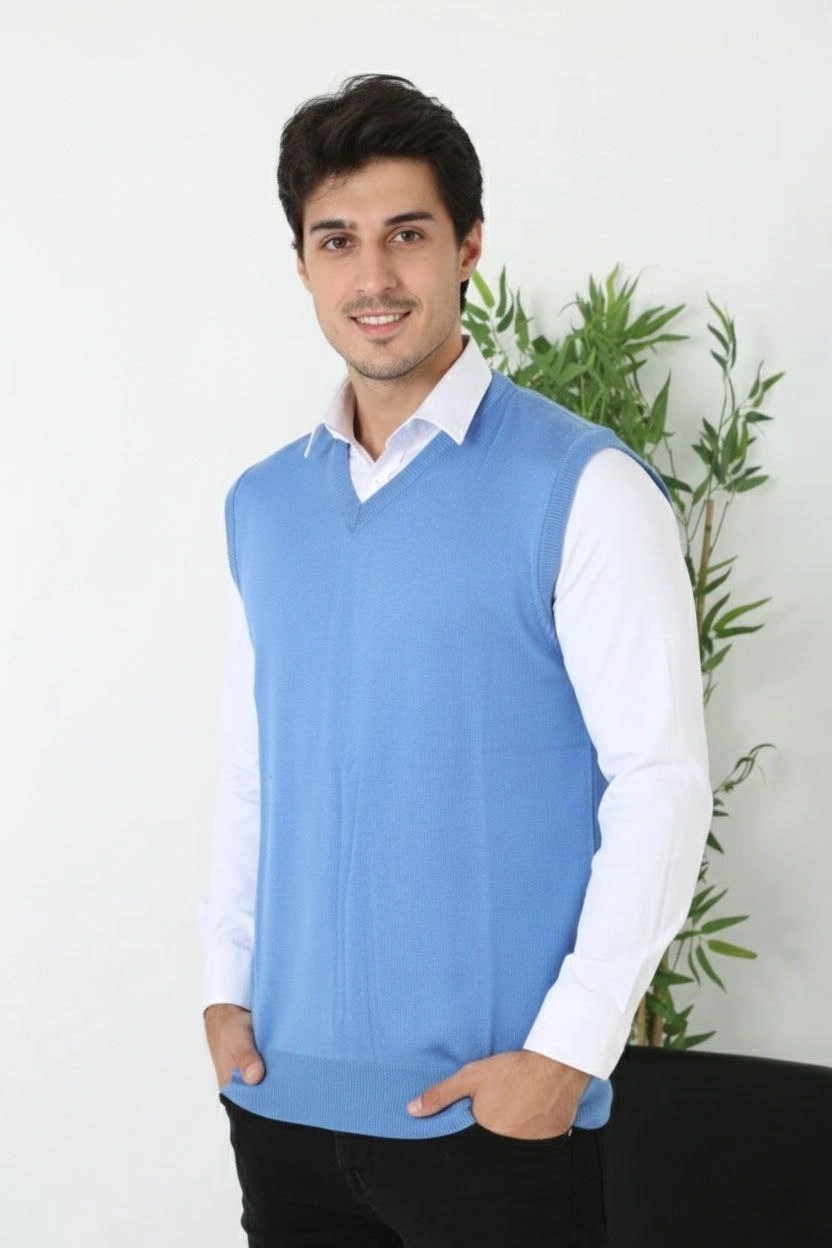 Erkek V Yaka Kolsuz Süveter Triko Kazak yumuşak dokulu Pamuklu ince Dokuma Rahat Regular kalıp - Mavi