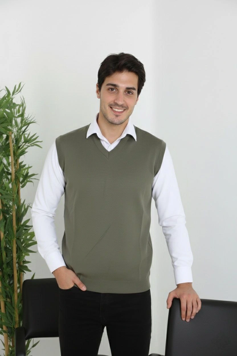 Erkek V Yaka Kolsuz Süveter Triko Kazak yumuşak dokulu Pamuklu ince Dokuma Rahat Regular kalıp - Haki