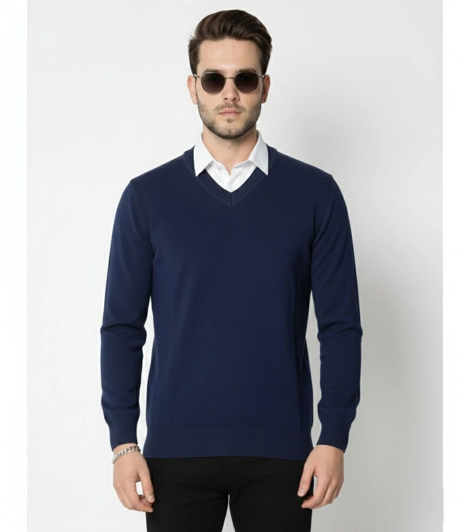 Erkek V Yaka Triko Kazak yumuşak dokulu Pamuklu ince Dokuma, uzun kollu Rahat Regular kalıp - Lacivert