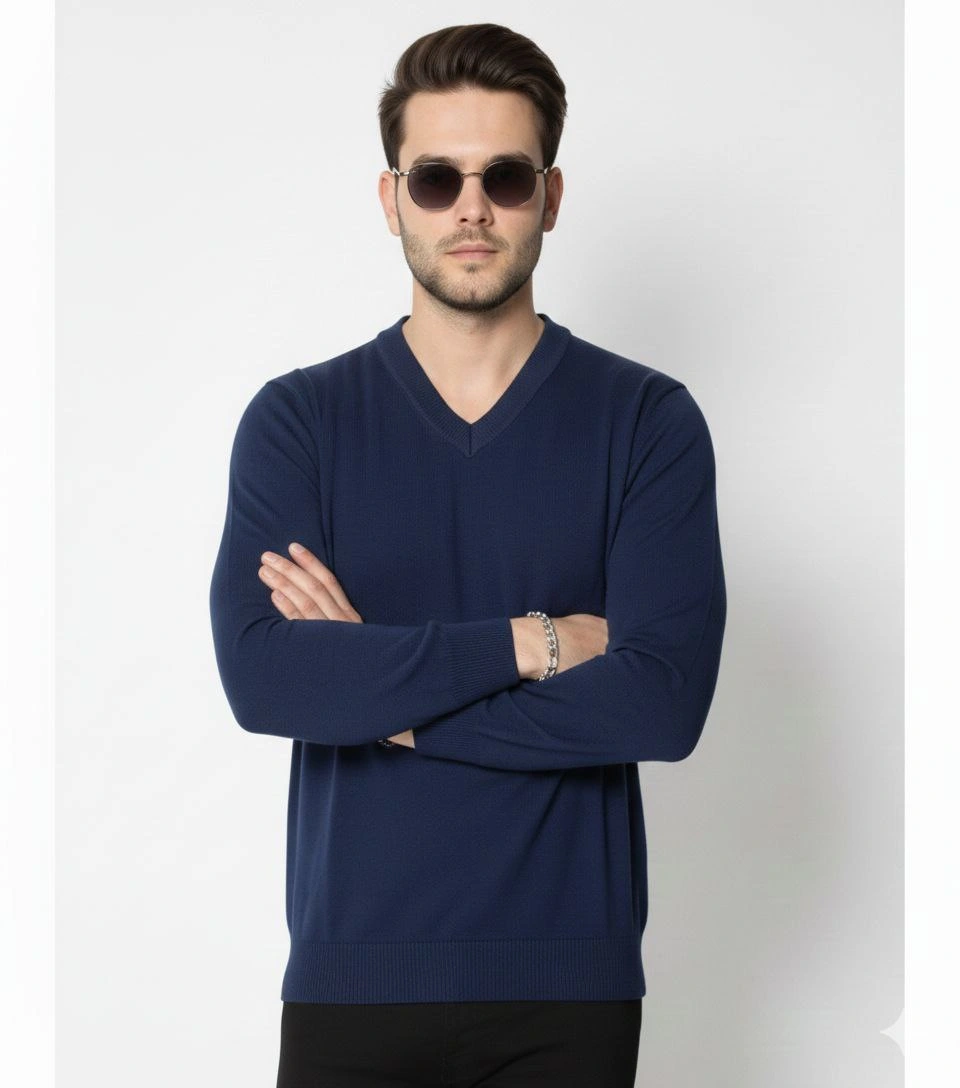 Erkek V Yaka Triko Kazak yumuşak dokulu Pamuklu ince Dokuma, uzun kollu Rahat Regular kalıp - Lacivert