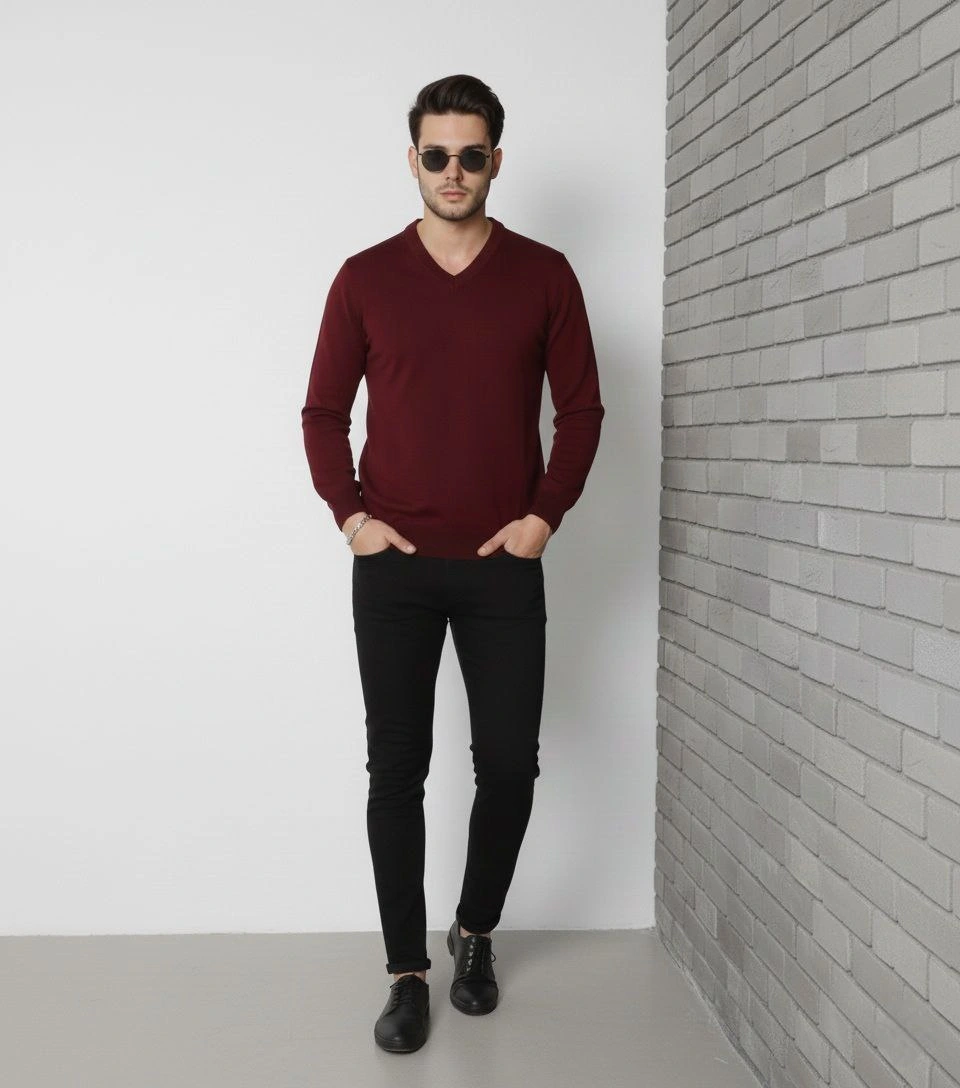 Erkek V Yaka Triko Kazak yumuşak dokulu Pamuklu ince Dokuma, uzun kollu Rahat Regular kalıp - Bordo