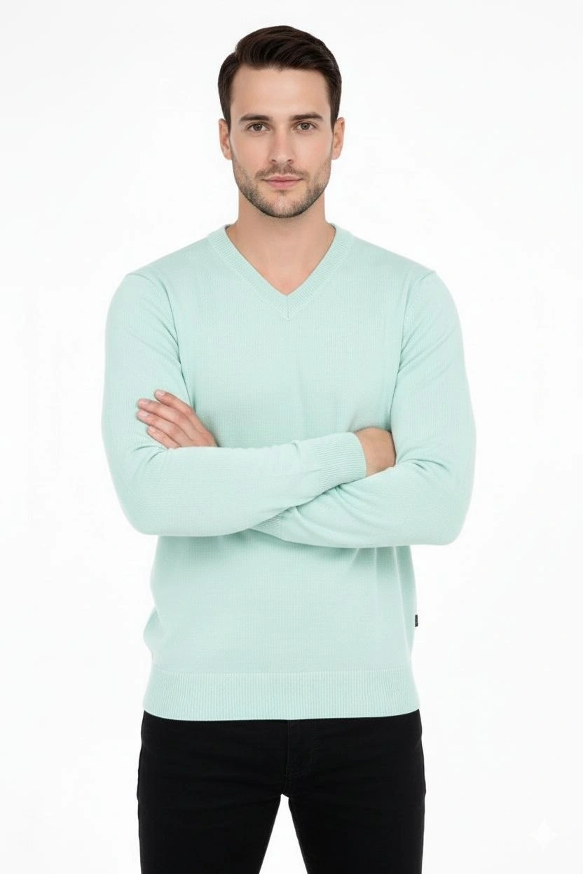 Erkek V Yaka Triko Kazak yumuşak dokulu Pamuklu ince Dokuma, uzun kollu Rahat Regular kalıp - Mint Yeşili