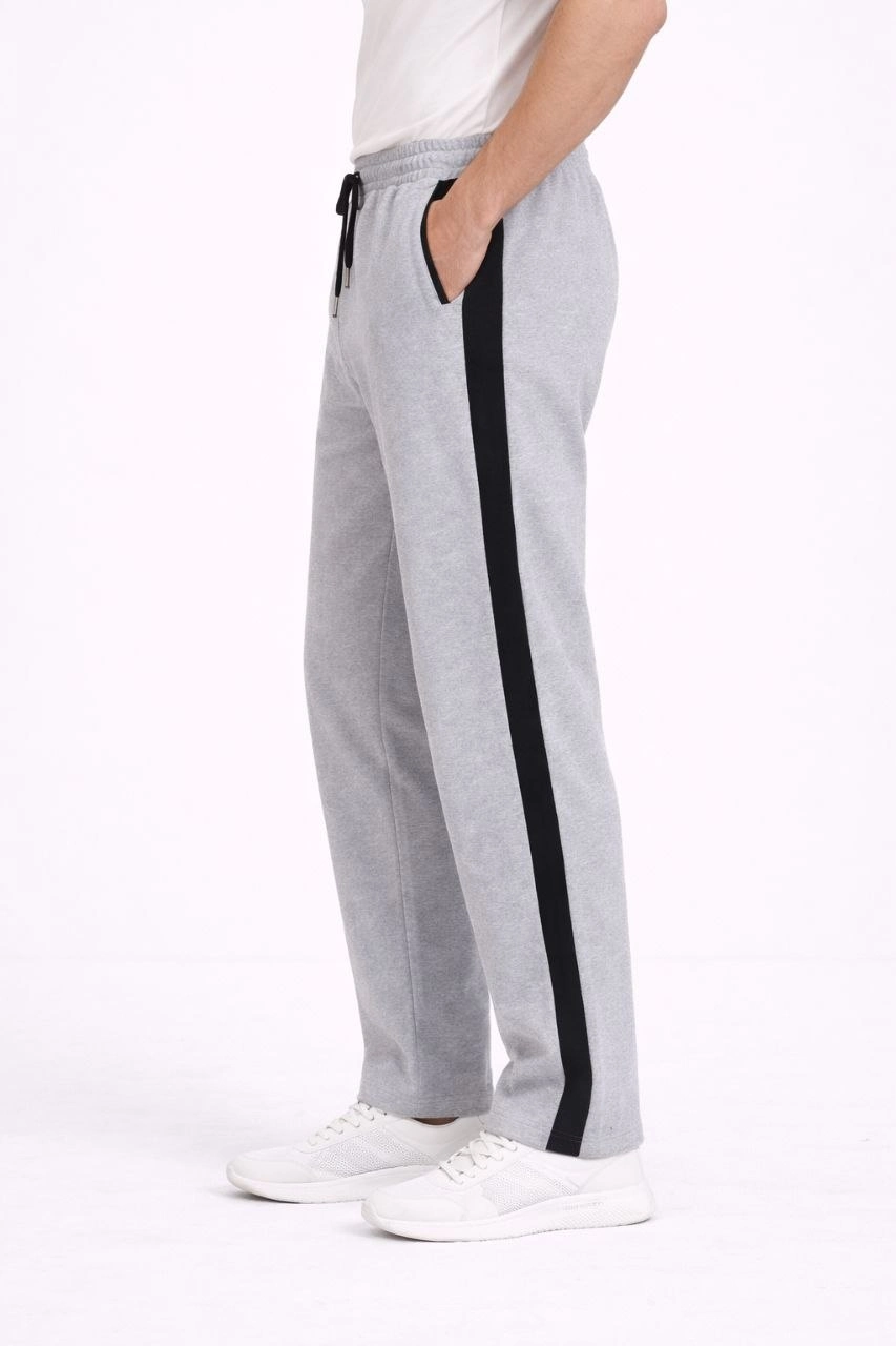 Erkek Yandan Şeritli Boru Paça Eşofman Altı 3 iplik Pamuklu Eşofman - Gri