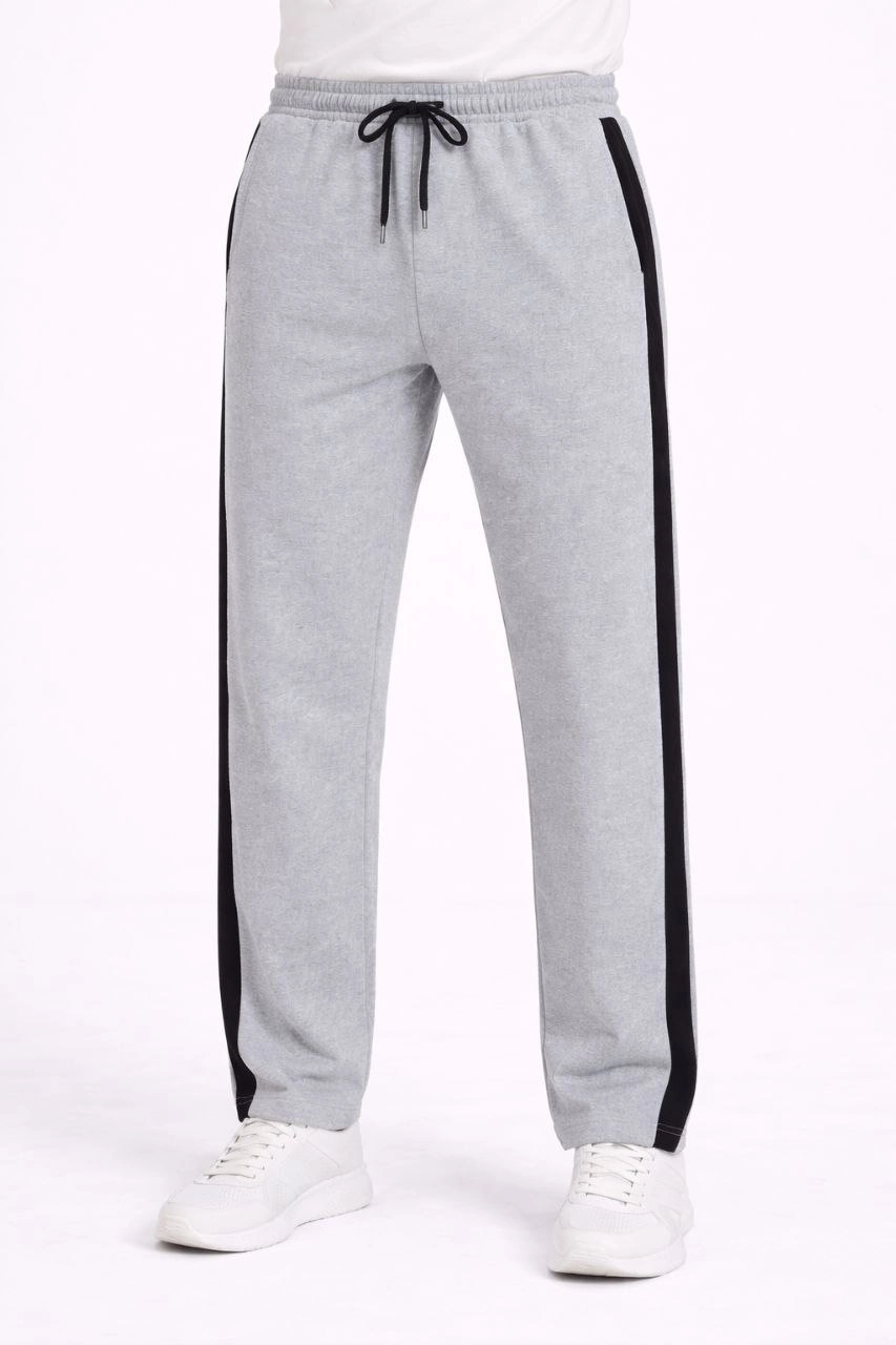 Erkek Yandan Şeritli Boru Paça Eşofman Altı 3 iplik Pamuklu Eşofman - Gri