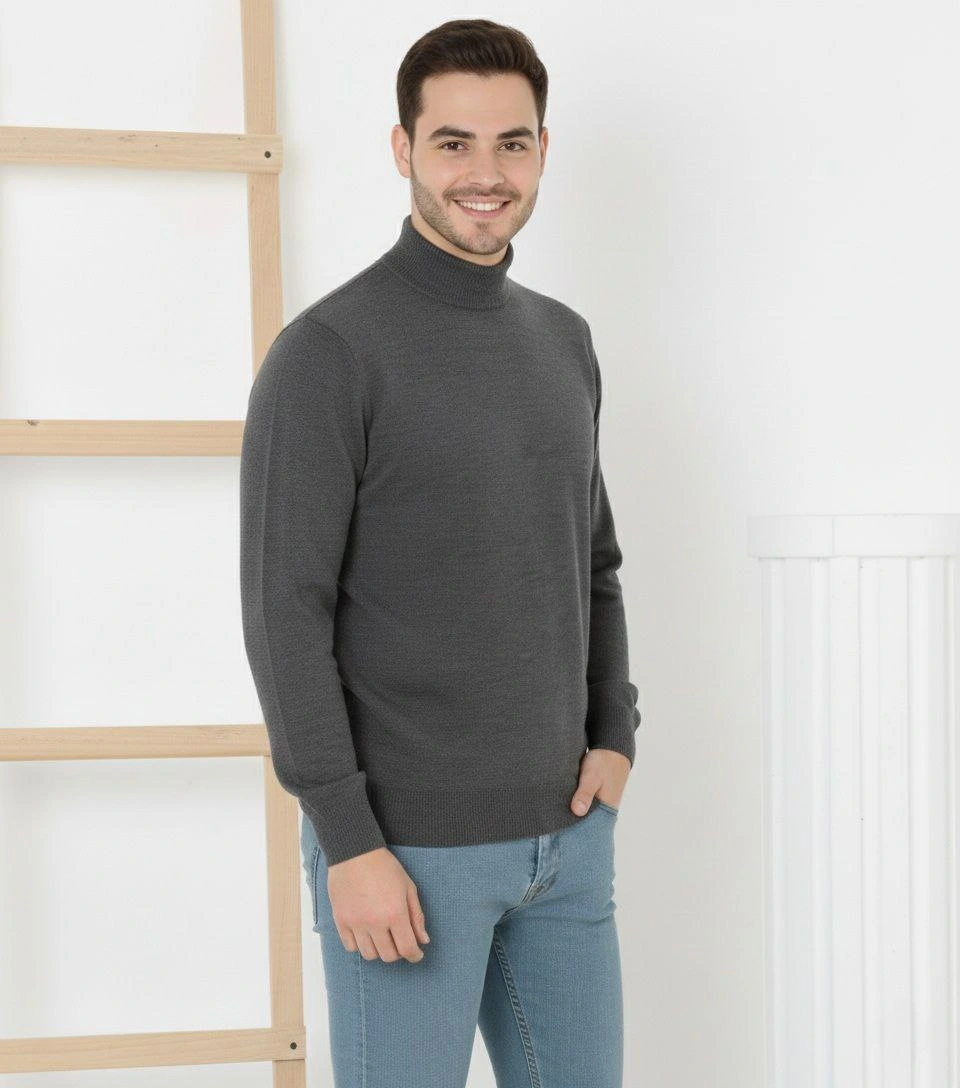 Erkek Yarım Boğaz Triko Kazak yumuşak dokulu Pamuklu ince Dokuma, uzun kollu Rahat Regular kalıp - Füme