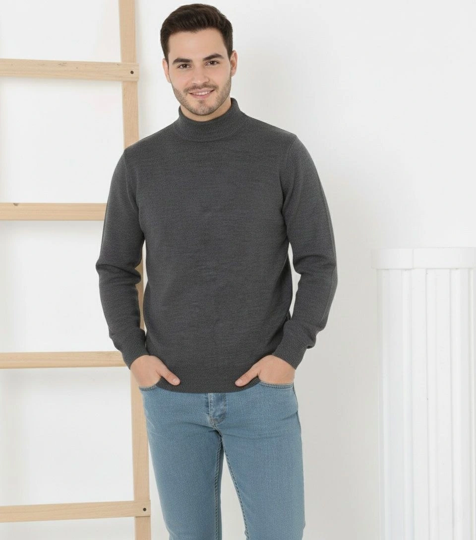 Erkek Yarım Boğaz Triko Kazak yumuşak dokulu Pamuklu ince Dokuma, uzun kollu Rahat Regular kalıp - Füme