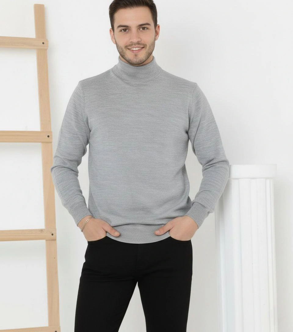 Erkek Yarım Boğaz Triko Kazak yumuşak dokulu Pamuklu ince Dokuma, uzun kollu Rahat Regular kalıp - Gri