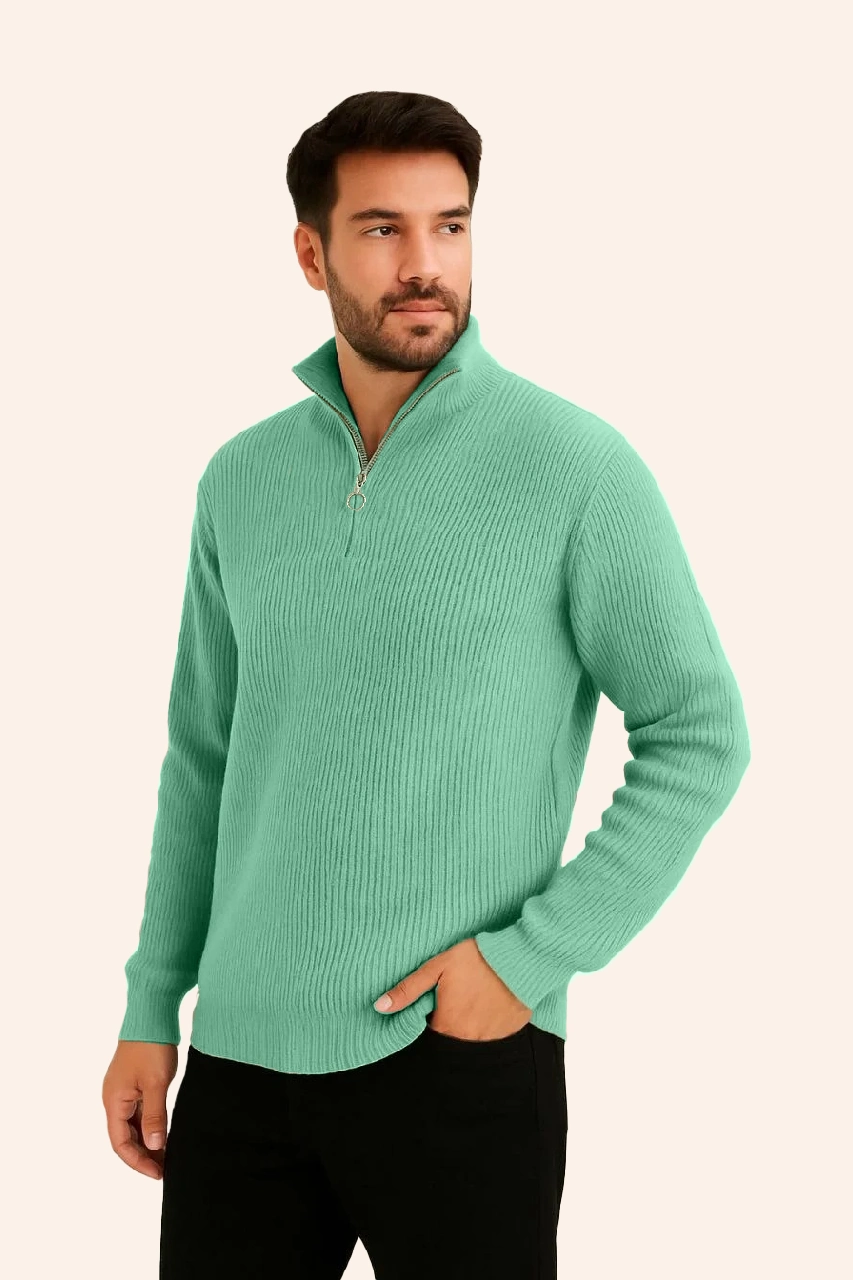 Erkek Yarım Fermuarlı Triko Kazak – Selanik Örgü, Dik Yaka, Pamuklu Dokuma, Regular Fit Uzun Kollu Kışlık Model - Mint Yeşili