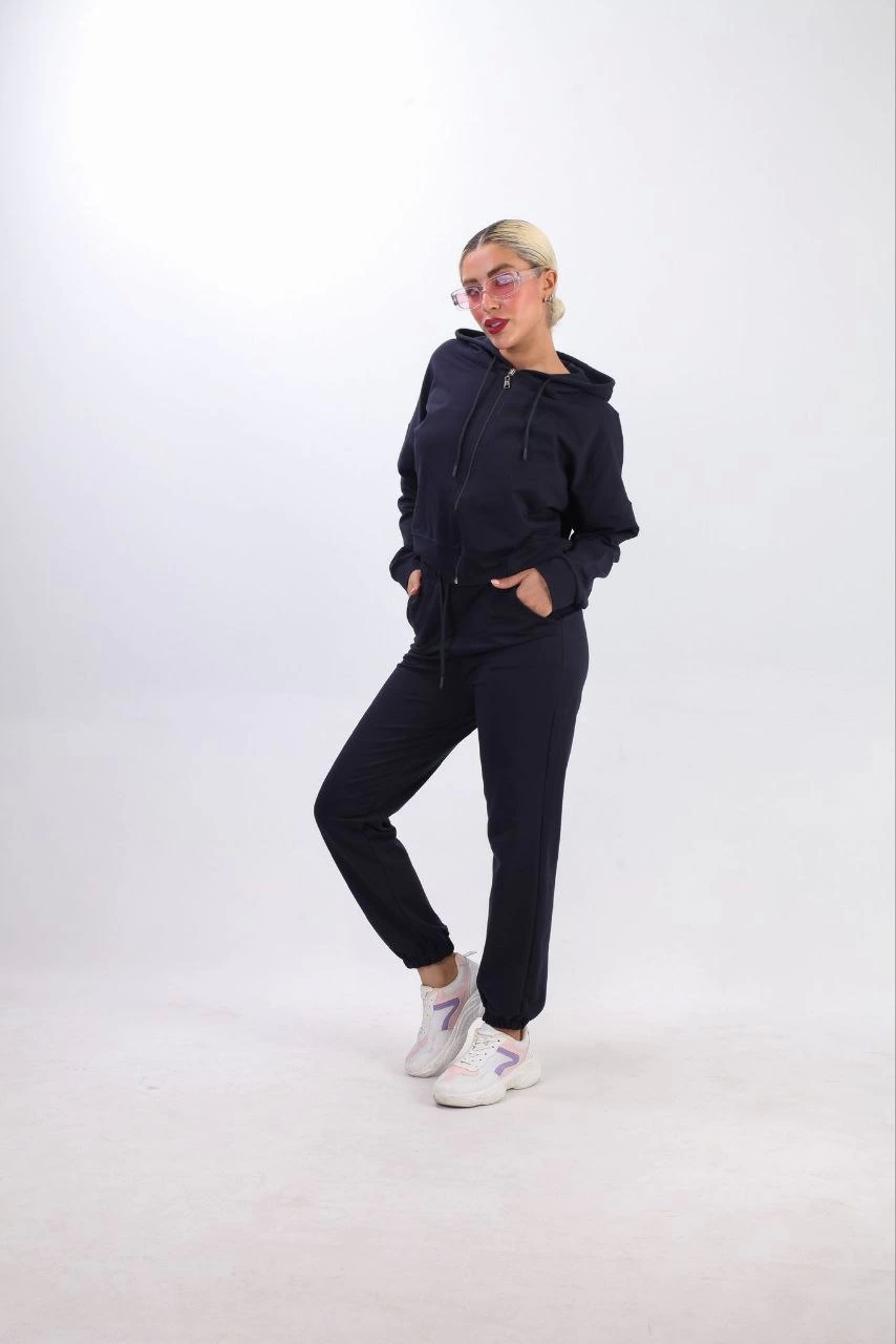 Two yarn Hooded Zipper Crop Oversize Ratchet Suit- Navy