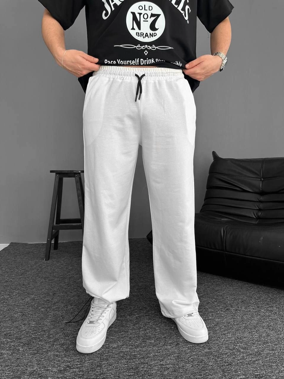 İki İplik Kumaş Beli Lastikli Yan Flota Cepli Baggy Alt Esofman - Beyaz