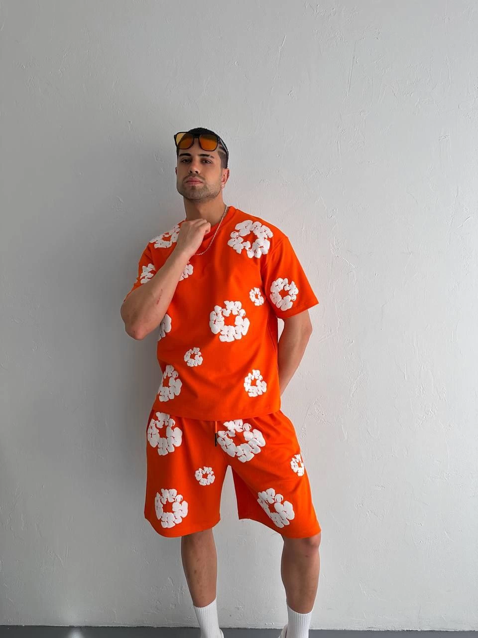 İki İplik Kumaş Baskılı T-shirt Şortlu Takım- Turuncu