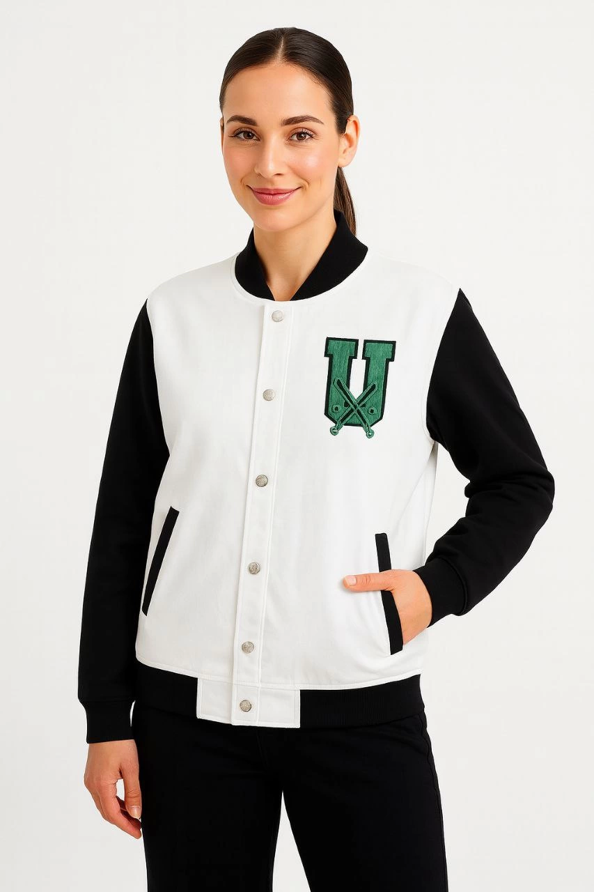 Two Thread Embroidery Embroidered College Jacket - White