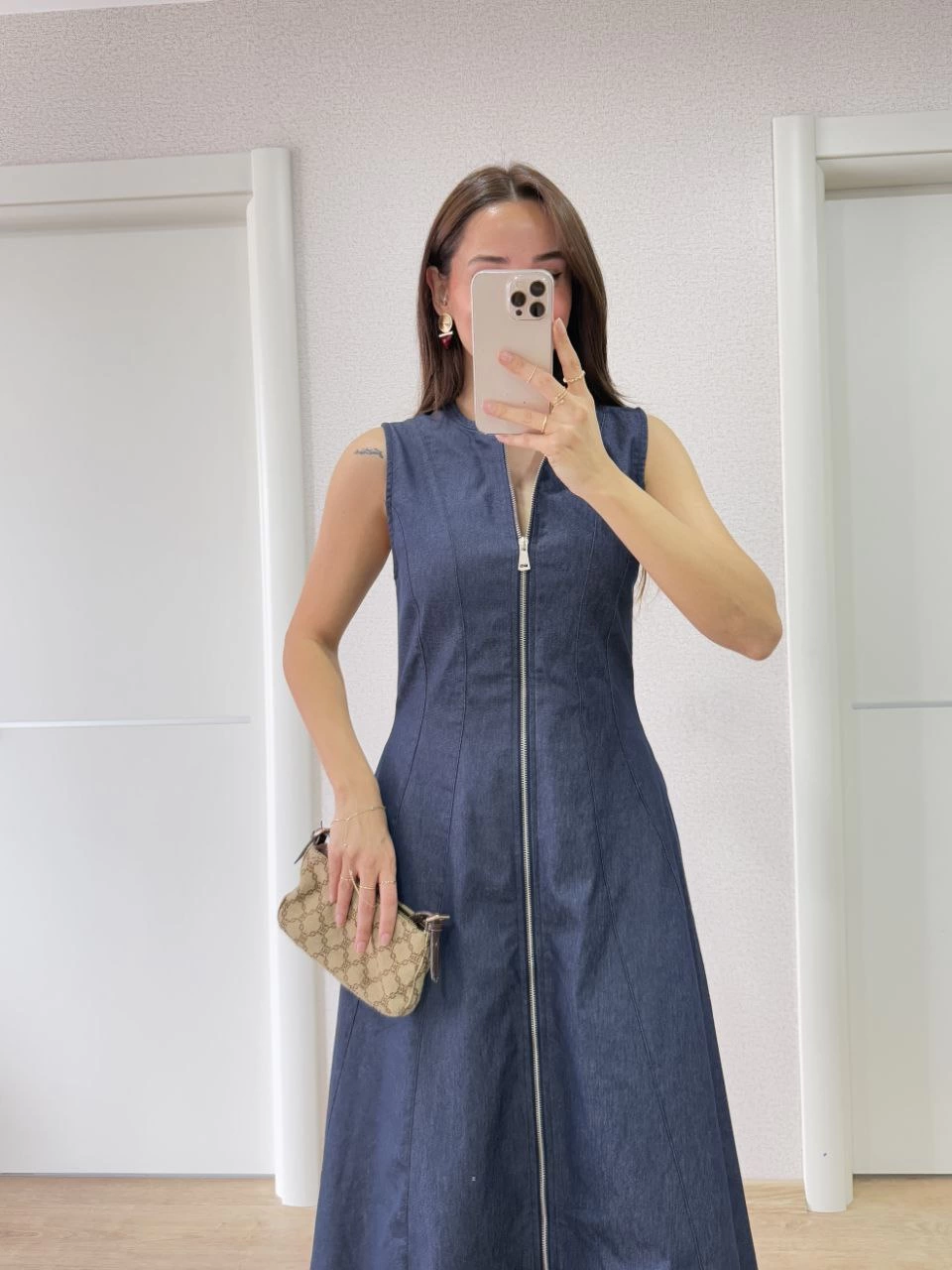 Jeans Kot Önü Tam Fermuarlı Kadın Uzun Elbise - Mavi