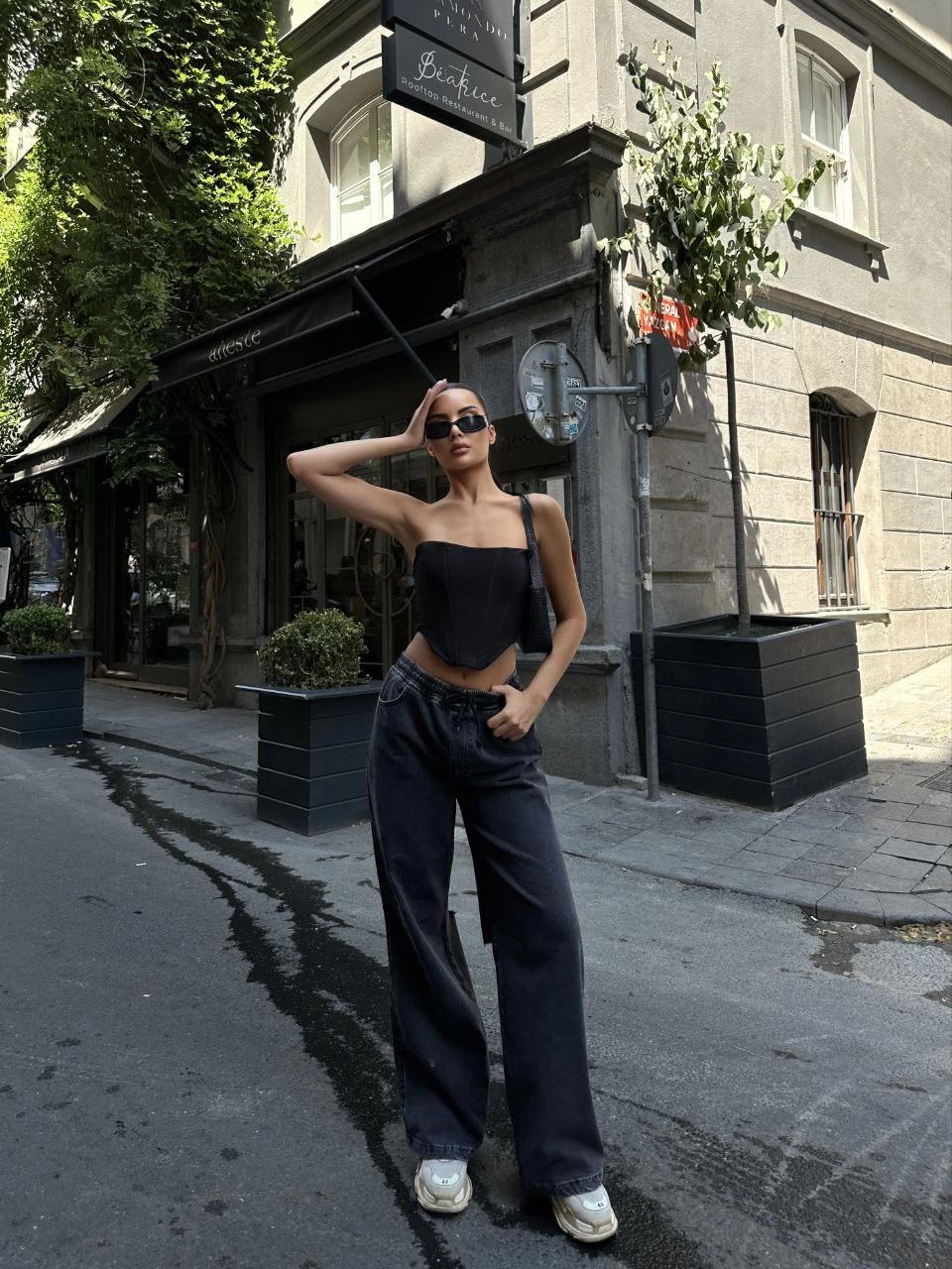 Kadın Arkadan Yırtmaçlı Jeans Kot Palazzo Pantolon - Siyah