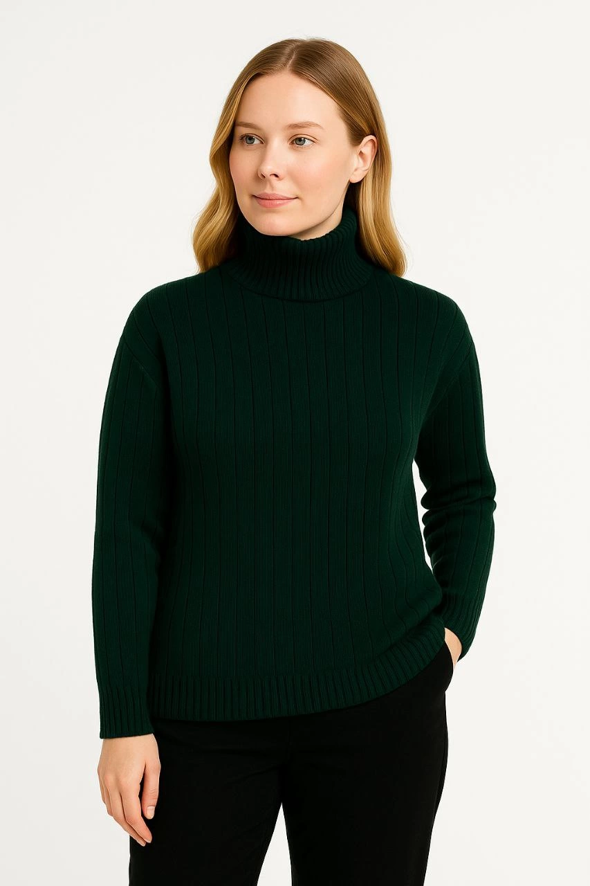 Kadın Balıkcı Yaka Bağazlı Triko Kazak Pamuklu Kalın Fitilli Dokuma - Haki