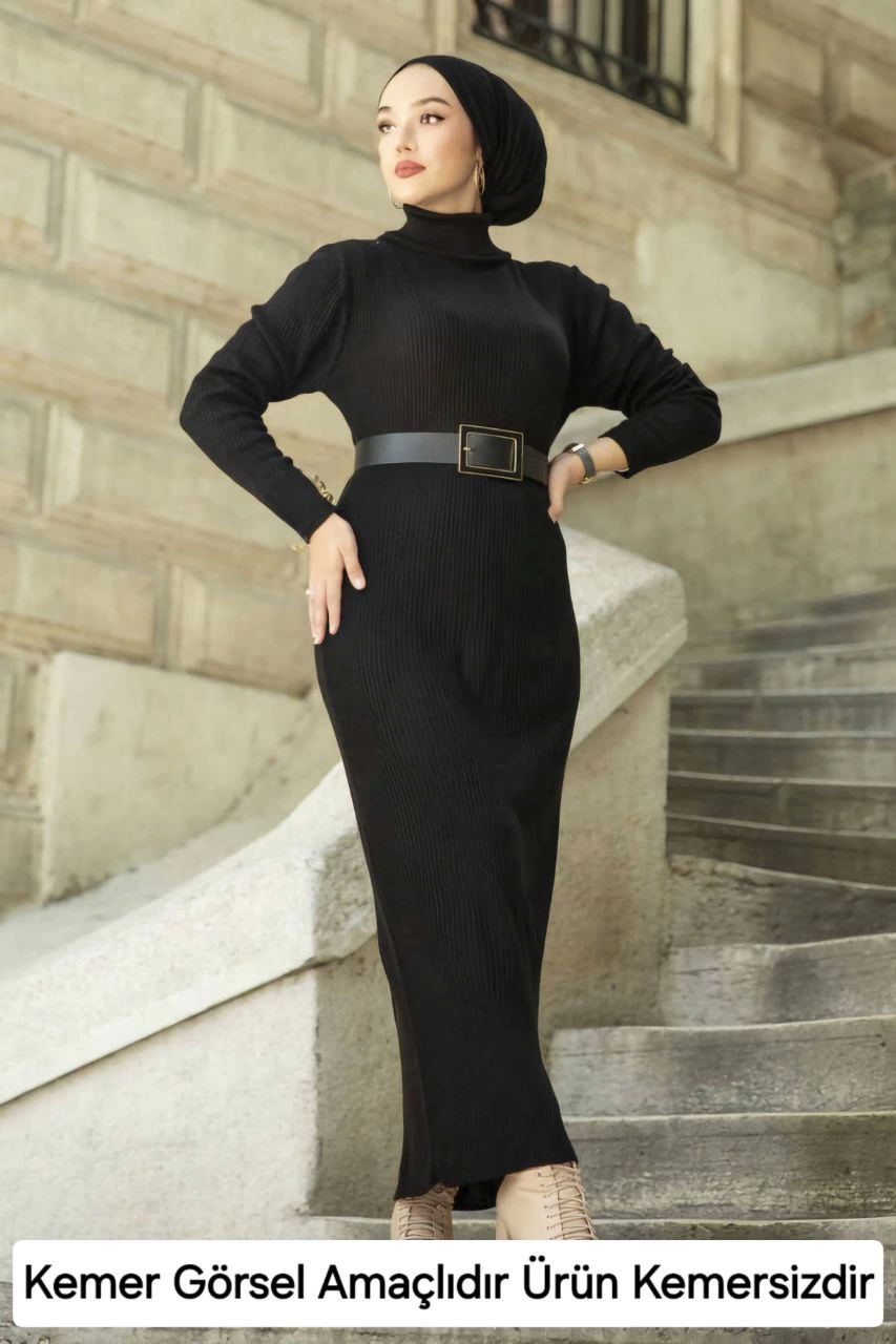 Women Strain Long Fitilli Sweater Woven Dress - Black