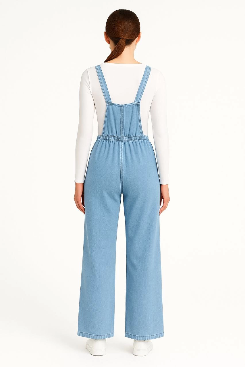 Kadın Chambray Açık Mavi Denim Görünümlü Geniş Paça Salopet Tulum - Mavi
