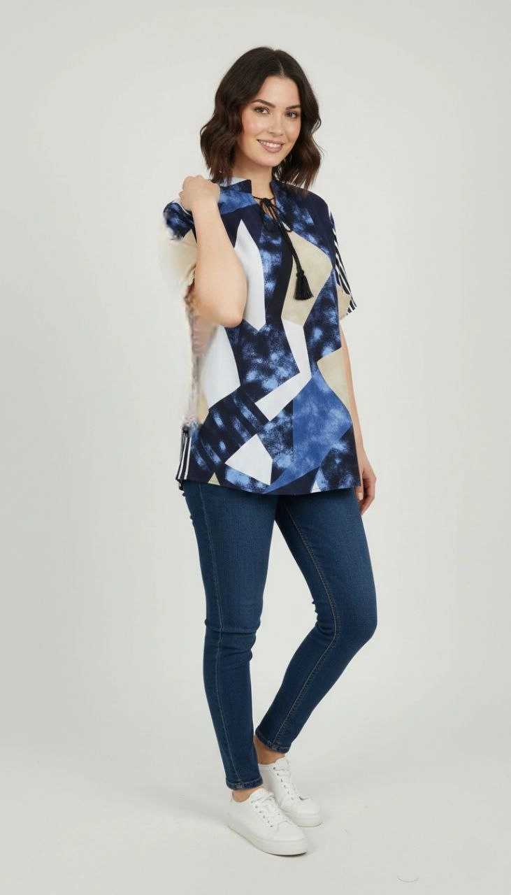 Kadın Desenli Püsküllü Viskon Bluz Bebe Yaka Kısa Kollu Big Size Rahat Kesim - Desenli