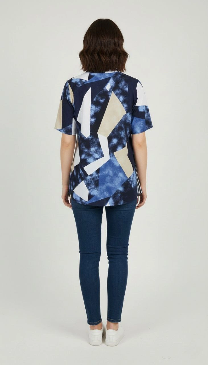 Kadın Desenli Püsküllü Viskon Bluz Bebe Yaka Kısa Kollu Big Size Rahat Kesim - Desenli