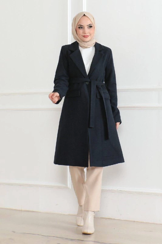 Kadın Düğmeli İçi Astarlı Kaşmir Kaşe Kaban - Lacivert