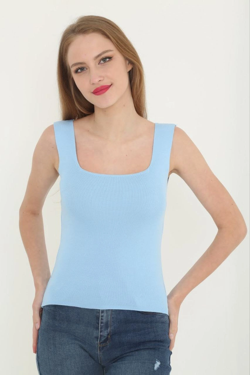 Kadın Kare Yaka Detay Crop - Mavi