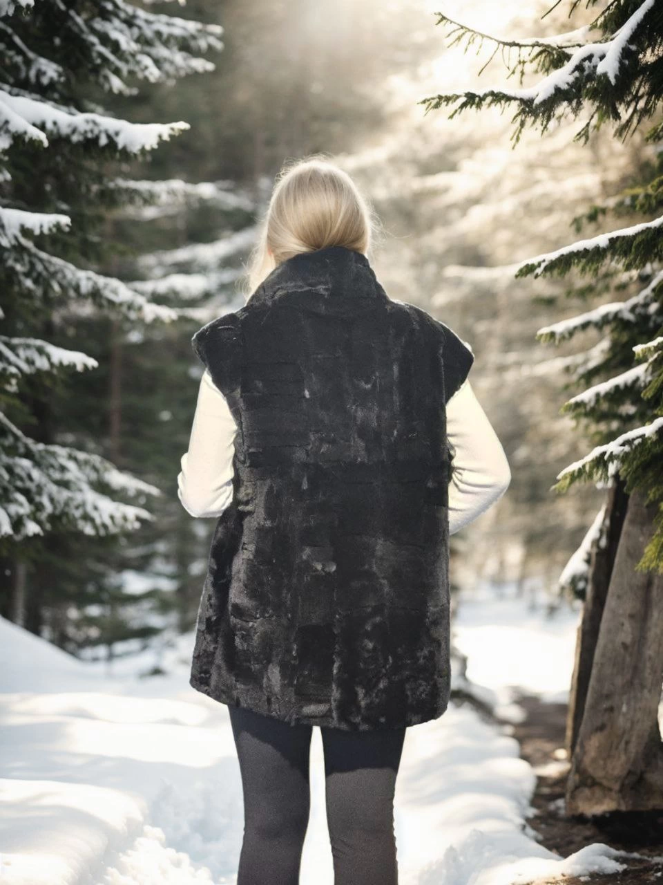 Kadın Kolsuz Hakiki Yelek - Siyah